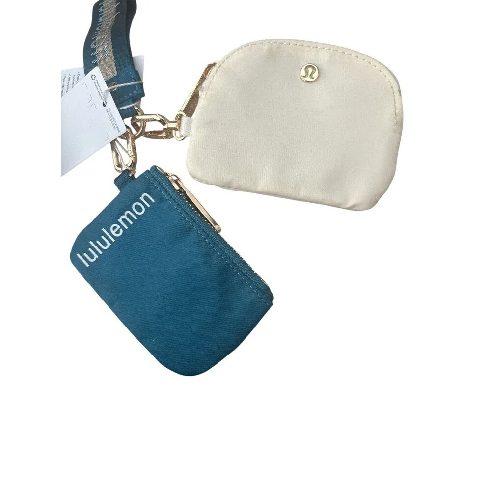 Lululemon Dual Pouch Wristlet Wallet Keychain Wordmark Warp Teal,Gold, Bone NWT